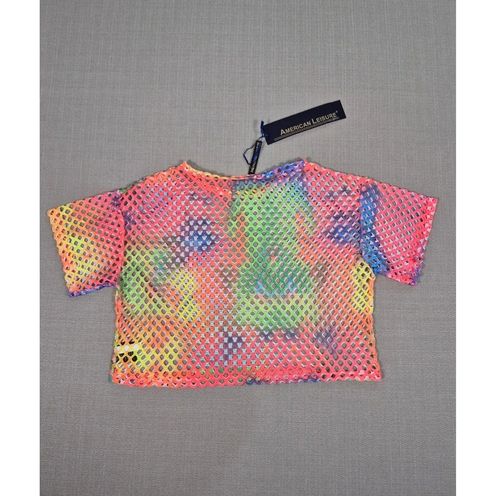 American Leisure Rainbow Tie Dye Fishnet Crop Top and Shorts Set XXL New